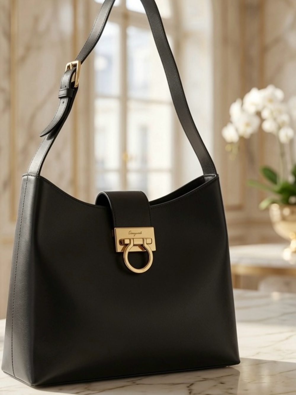 Salvatore Ferragamo Black Leather Shoulder Bag with Gold Hardware